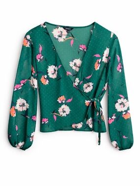 Express Green Floral Polka Dot Wrap Blouse With Tie Waist Size Medium